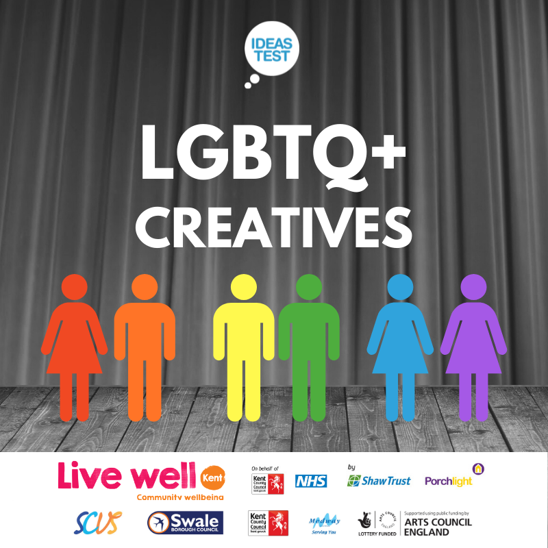 Image shows a black and white stage with figures in Pride Rainbow colours. The words LGBTQ+ Creatives is over the figures. Underneath is a list of funders and partners of the project.