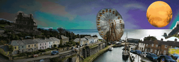 A collage of streets, a river, a ferris wheel with an large orange sun. The words Enter the world of Morpheus part of Electric Medway, 21-30 August 2021 animate on the right side of the image