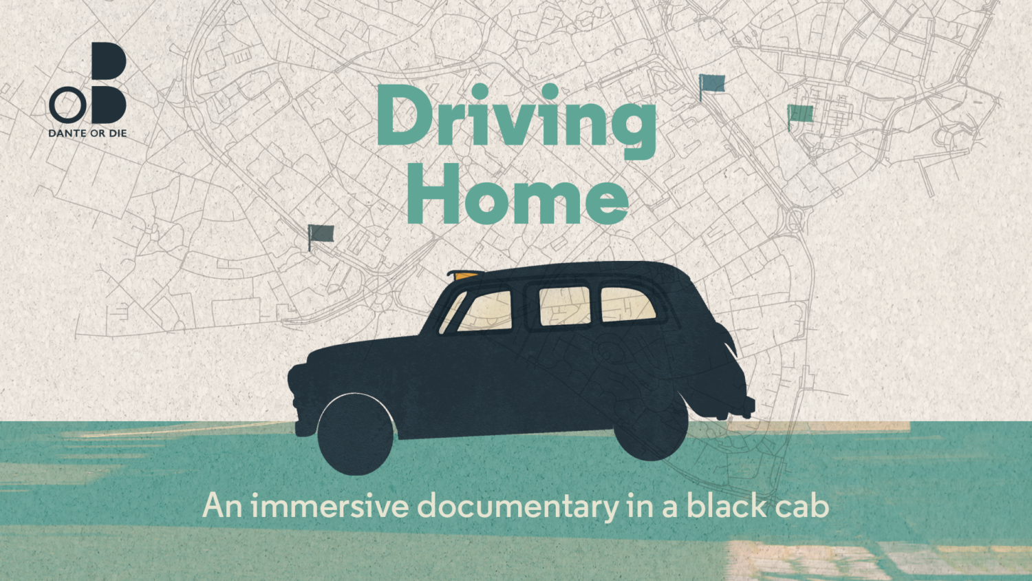 An illustrated cab drives over a green road in front of a cream background with a map outlined. Driving Home, an immersive documentary in a black cab.